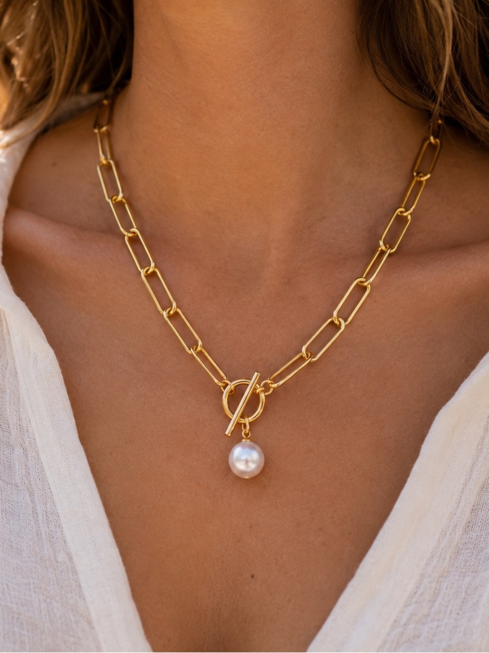 Gold Pearl Toggle Necklace Waterproof Stainless Steel NWT